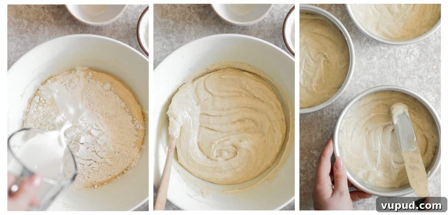 Cardamom Cake with Silky Coffee Buttercream 5 Three steps to making cake batter; in photo 1, a hand is pouring milk into a white bowl of cake batter on a beige counter. In photo 2, a hand is mixing the batter. In photo 3, a hand is spreading the batter in a cake pan.