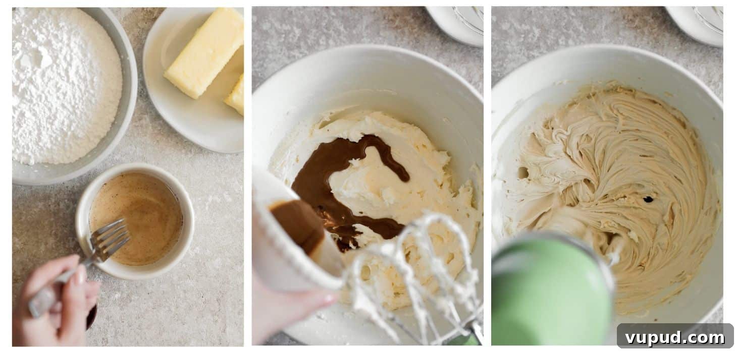 Cardamom Cake with Silky Coffee Buttercream 6 Three steps to making coffee buttercream; in photo 1, a hand whisks instant coffee and milk in a white bowl on a beige counter next to white bowls of butter and powdered sugar. In photo 2, a hand pours the coffee mixture into a white bowl of frosting. In photo 3, a green mixer whips the frosting.