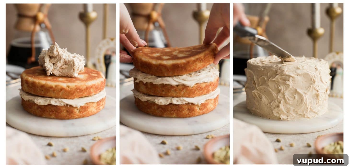 Cardamom Cake with Silky Coffee Buttercream 7 Three steps to assembling a cake; in photo 1, a layered cake with a blob of frosting sits on a marble plate next to a Chemex and wood bowl of spices on a beige counter. In photo 2, a hand is placing a cake layer on top of the cake. In photo 3, a hand frosts the cake.