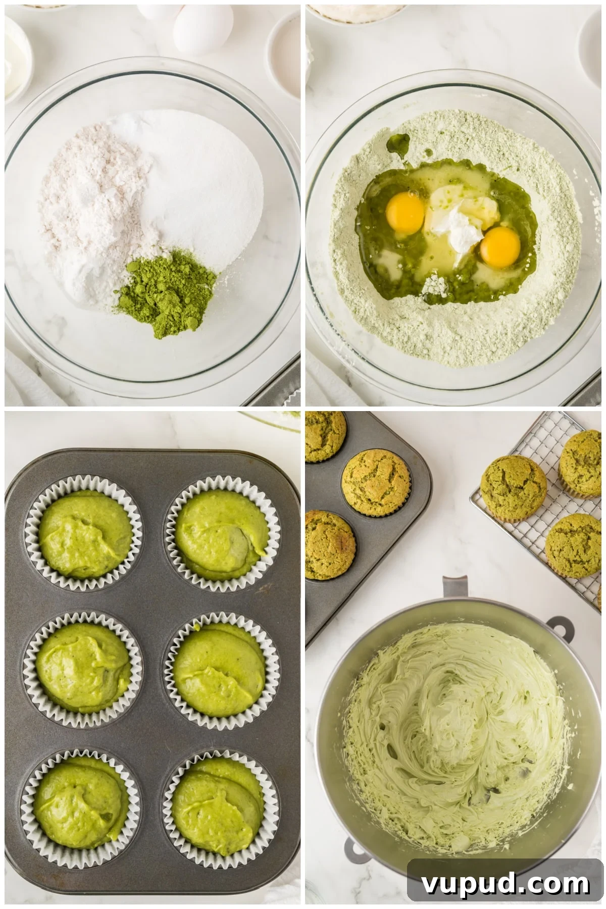 Matcha Cupcakes Recipe: Moist Green Tea Cupcakes with Frosting 4 A collage of four images with instructions to make the recipe.