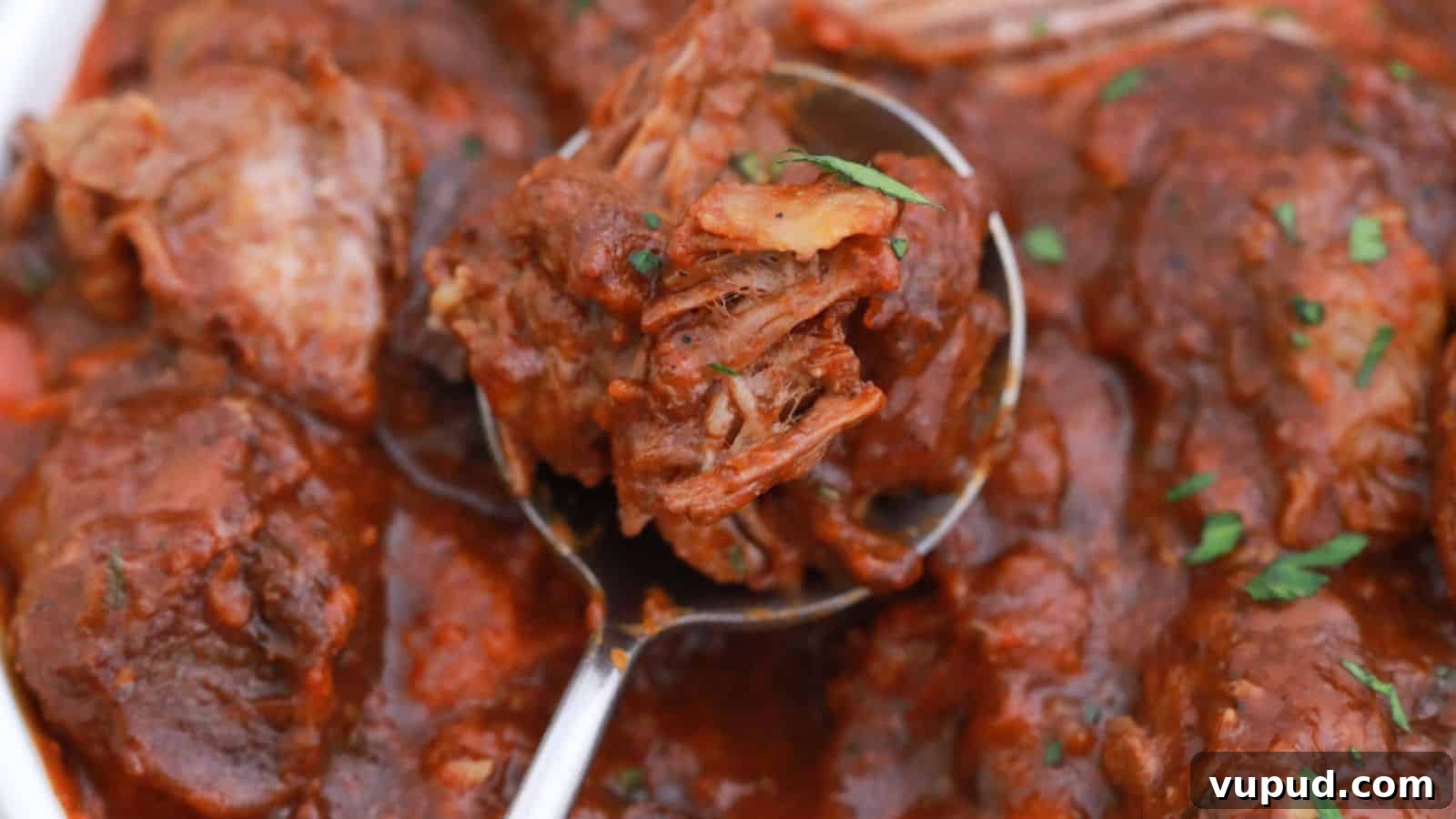 30 Flavorful Low-Carb Main Dishes That Feel Like Real Meals 15 A close-up of braised short ribs in a tomato-based sauce, garnished with herbs.
