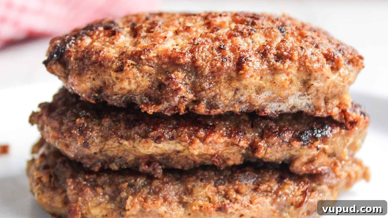 30 Flavorful Low-Carb Main Dishes That Feel Like Real Meals 17 Close-up of grilled pork burger patties stacked on a white plate.