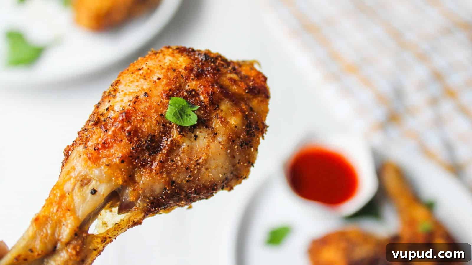 30 Flavorful Low-Carb Main Dishes That Feel Like Real Meals 26 Close-up of a crispy air fried chicken drumstick on a white plate garnished with parsley, with hot sauce in the background.