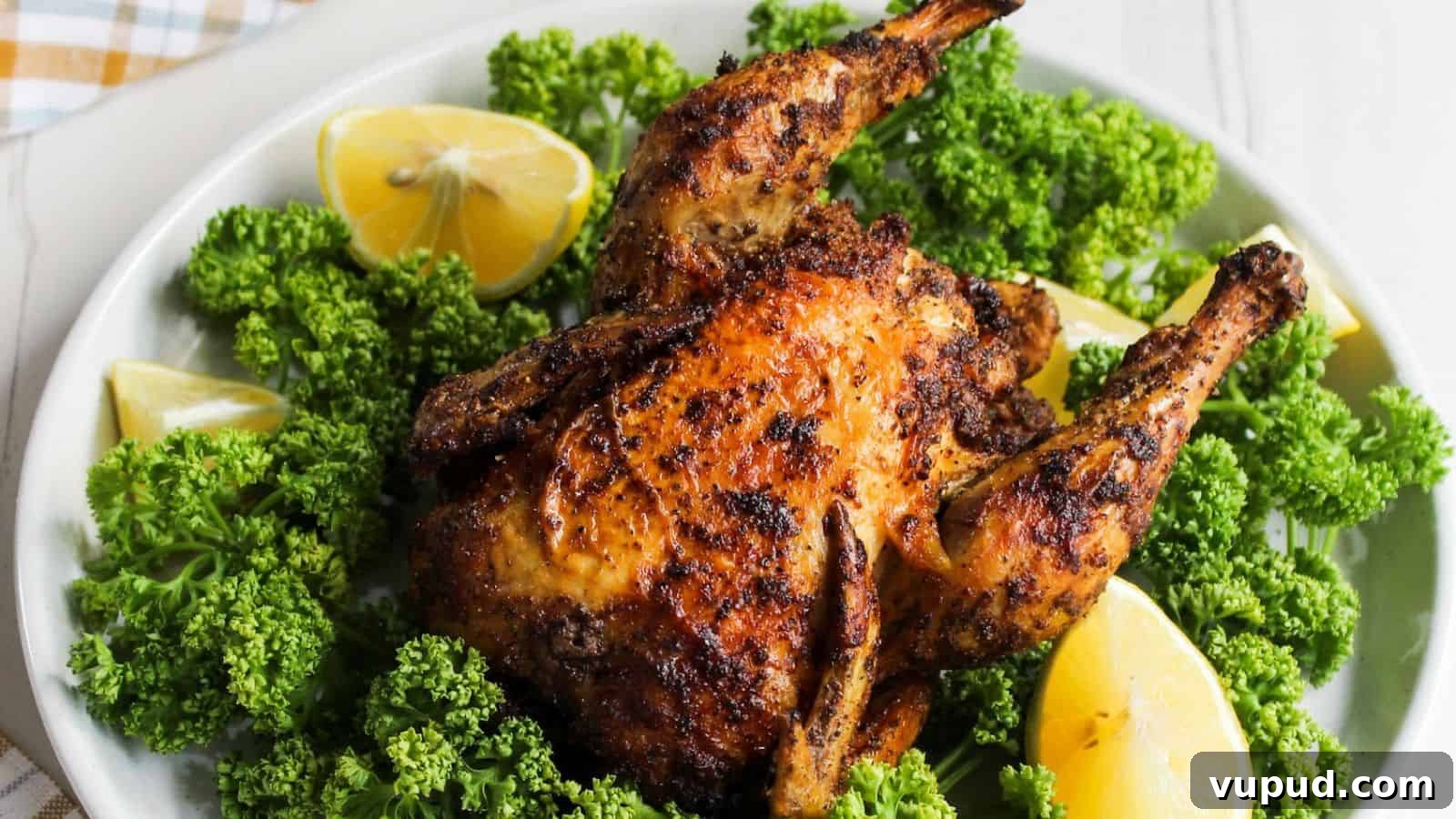30 Flavorful Low-Carb Main Dishes That Feel Like Real Meals 32 Air fryer Cornish hen on a white plate with lemon wedges.