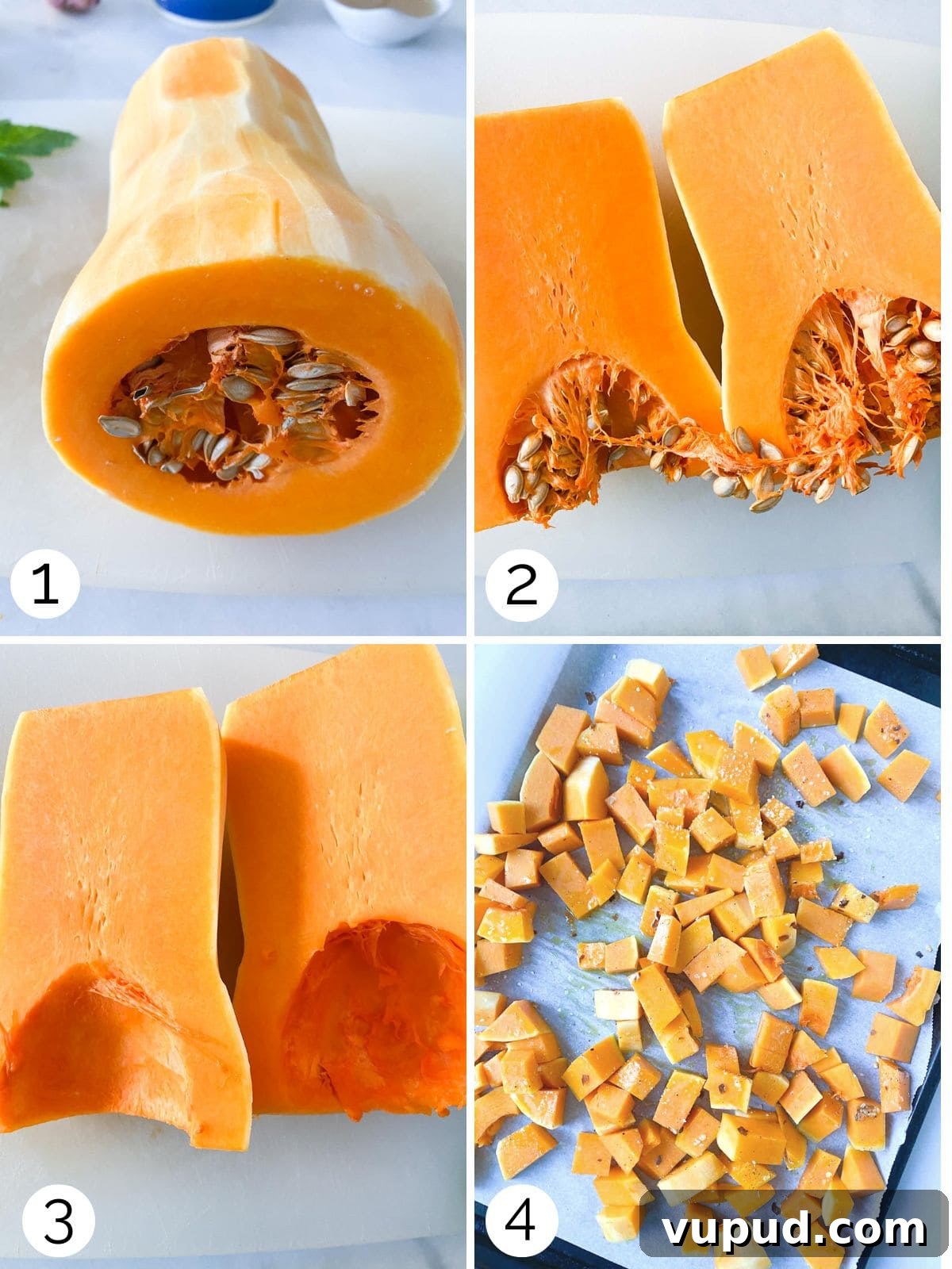 Butternut Squash Crostini with Goat Cheese and Sage 5 Steps for cutting a butternut squash.