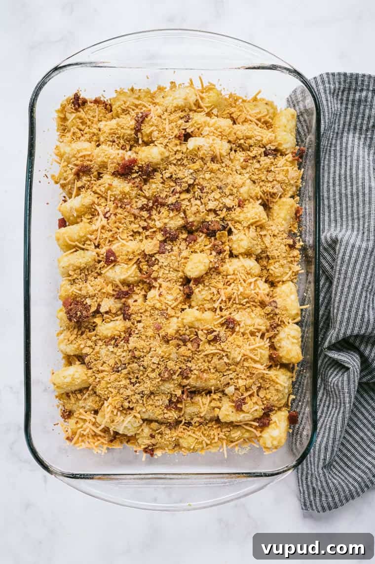 Cheesy Tater Tot Casserole Recipe for Family Dinners 2 top down view of completed tater tot casserole