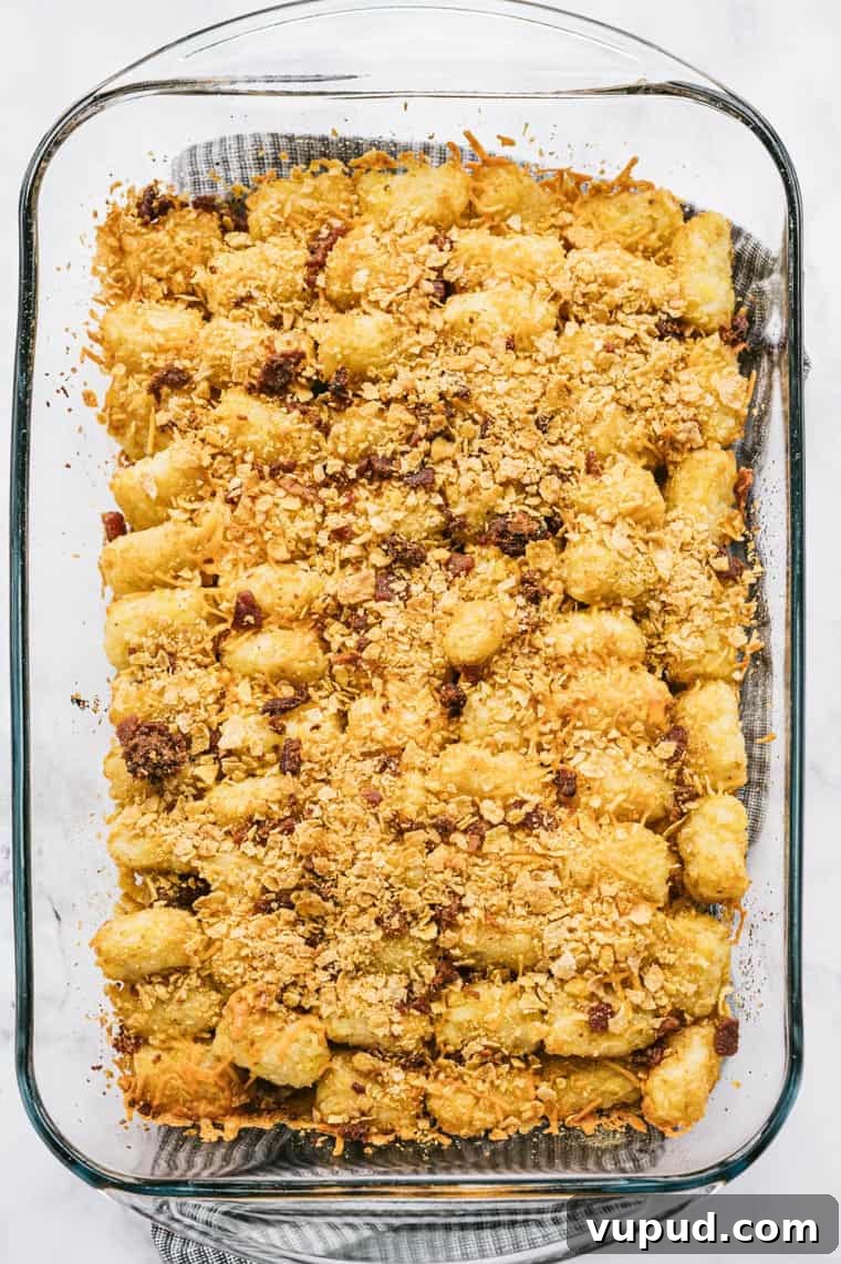 Cheesy Tater Tot Casserole Recipe for Family Dinners 5 top down view of the cooked tater tot casserole