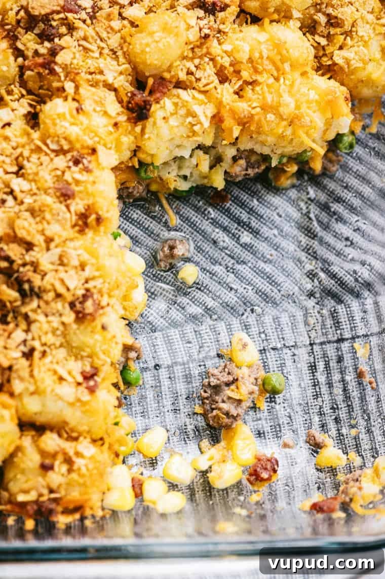 Cheesy Tater Tot Casserole Recipe for Family Dinners 6 close up view of tater tot casserole with portions removed