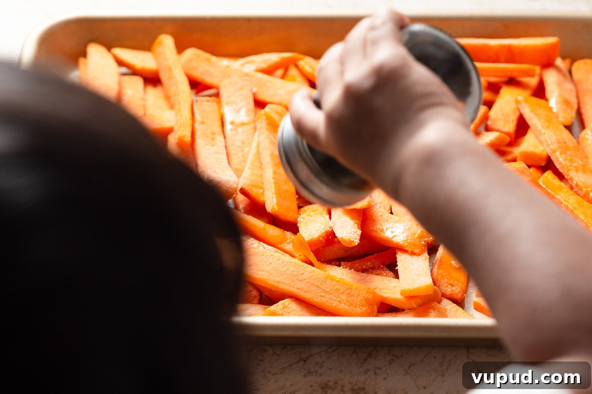 Crispy Air Fryer Frozen Sweet Potato Fries in Minutes 5 seasoning the frozen sweet potato fries.