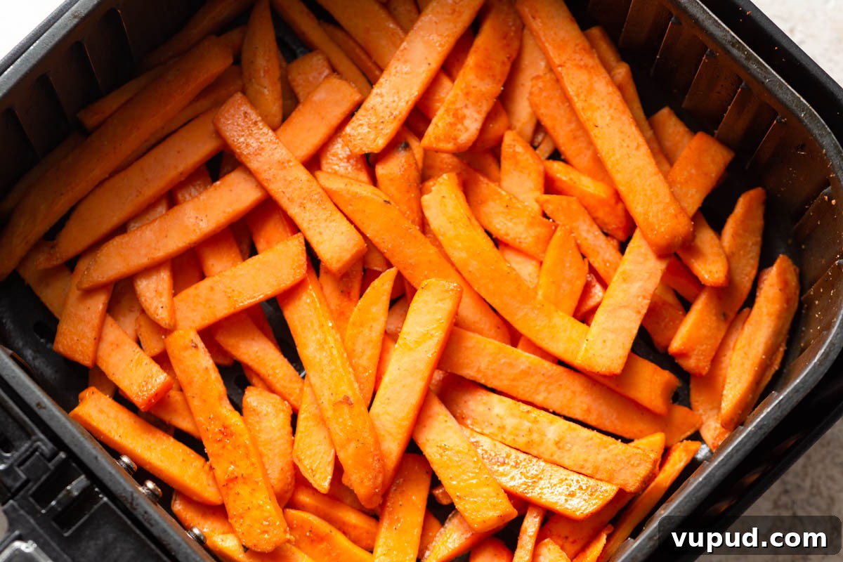 Crispy Air Fryer Frozen Sweet Potato Fries in Minutes 6 frozen sweet potato fries in the air fryer basket.