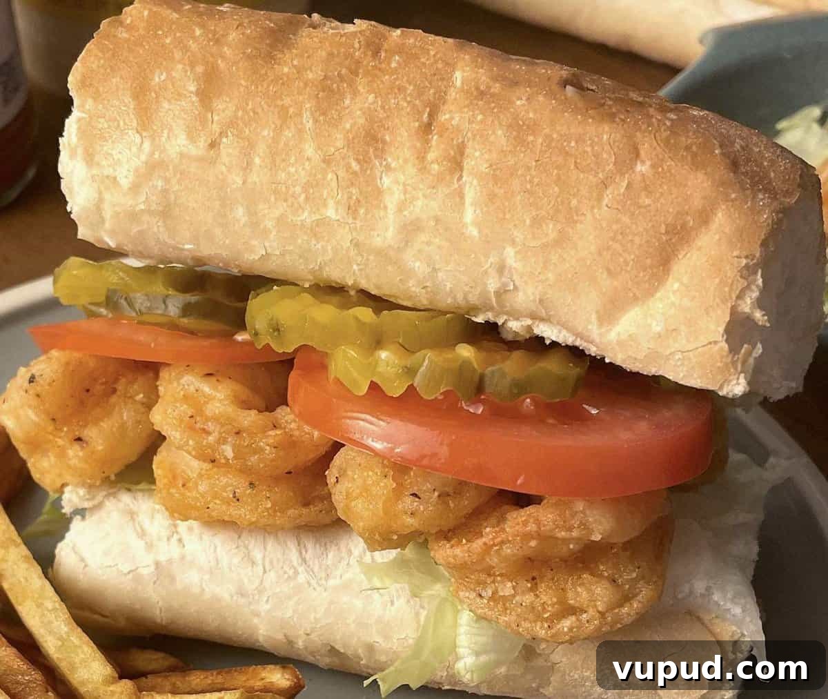 Crispy Fried Shrimp Po' Boy Sandwich Recipe 9 A fully dressed fried shrimp po boy.
