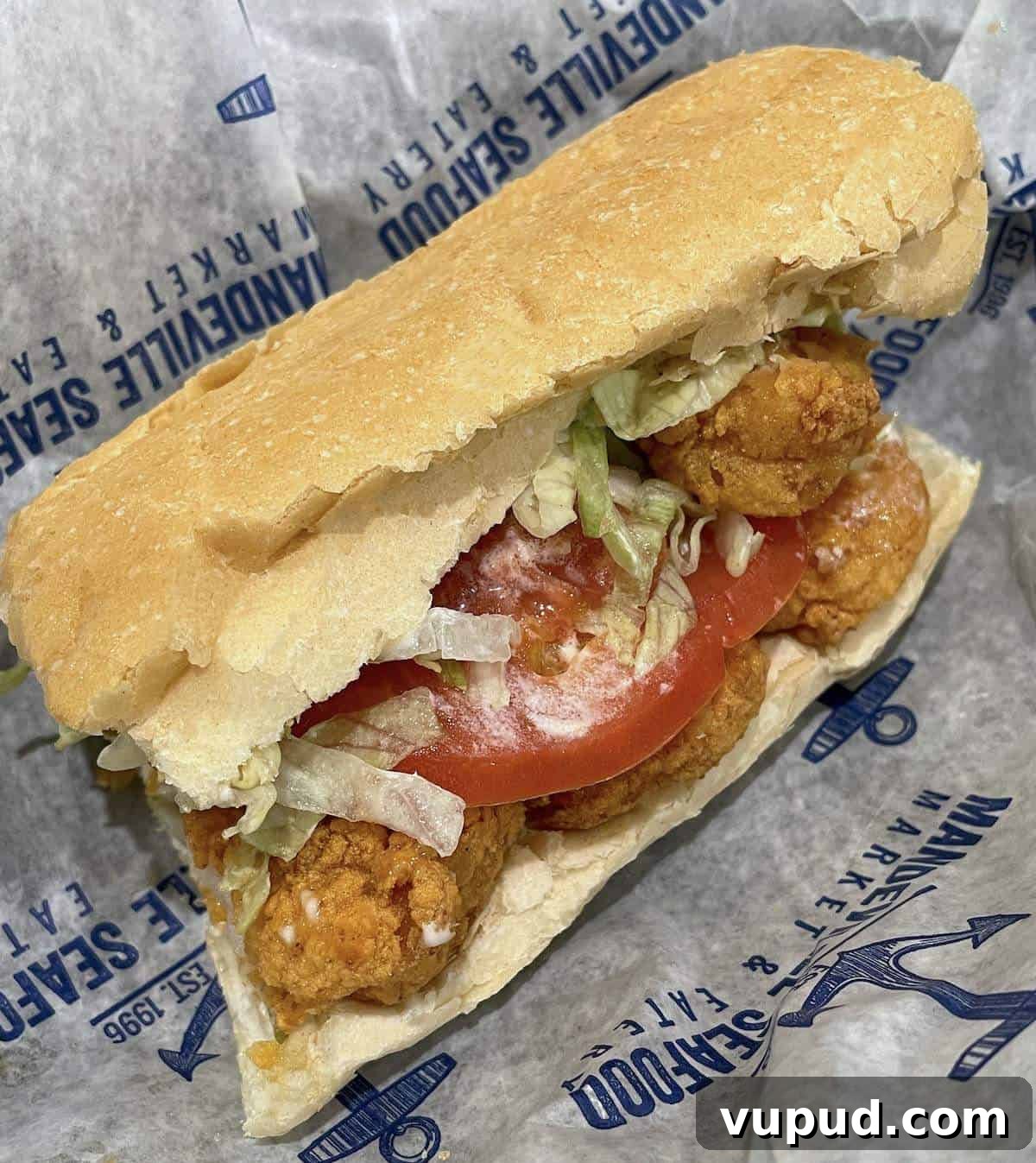 Crispy Fried Shrimp Po' Boy Sandwich Recipe 11 A fully dressed fried shrimp po boy.