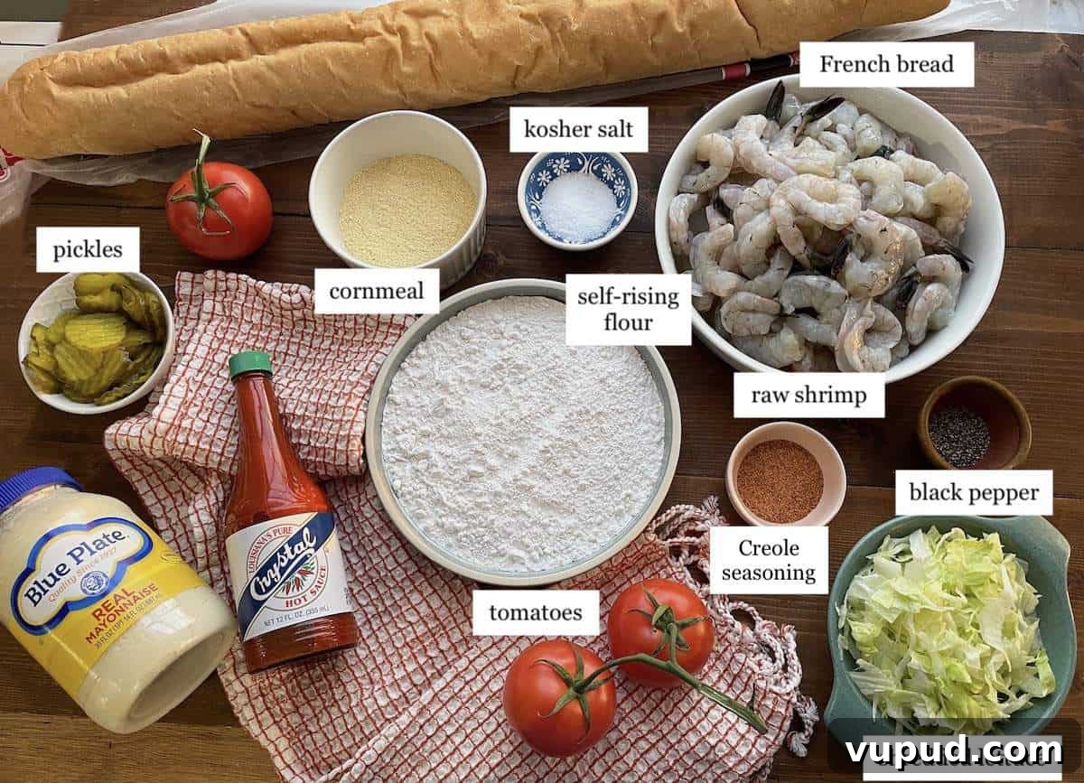 Crispy Fried Shrimp Po' Boy Sandwich Recipe 4 The ingredients needed to make fried shrimp po boys, laid out and labeled.