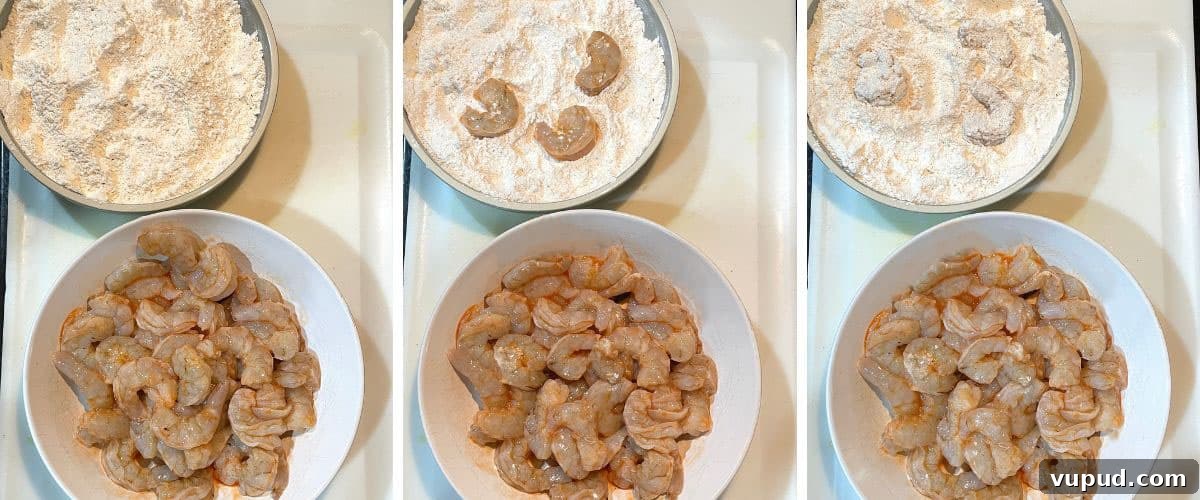Crispy Fried Shrimp Po' Boy Sandwich Recipe 7 A collage of images showing how to dredge shrimp in breading to make shrimp for po boys.
