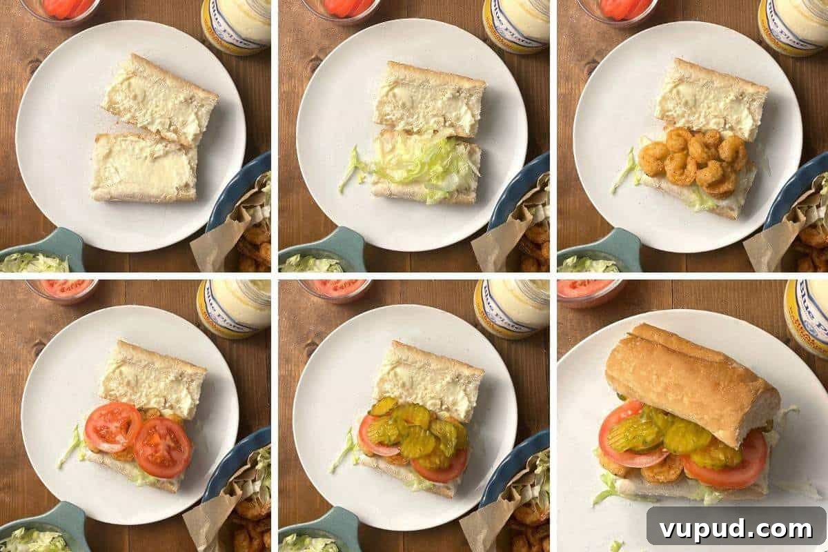 Crispy Fried Shrimp Po' Boy Sandwich Recipe 8 A collage of images showing how to assemble a fried shrimp po boy sandwich.
