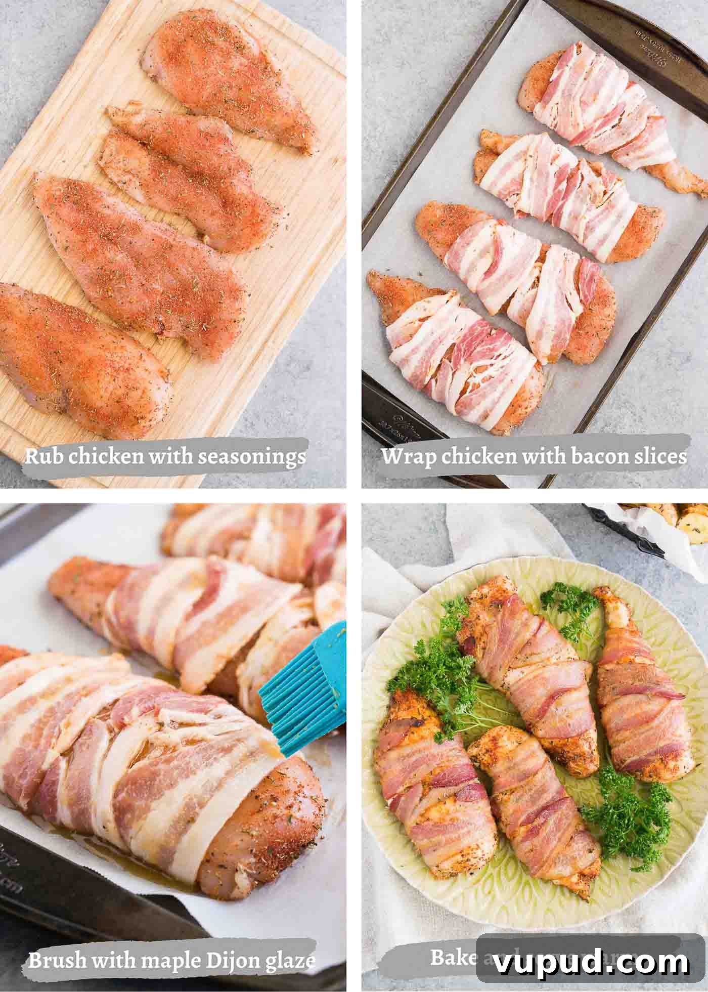 Crispy Bacon-Wrapped Chicken Breasts with Garlic Herb Glaze 5 process images of making chicken wrapped in bacon