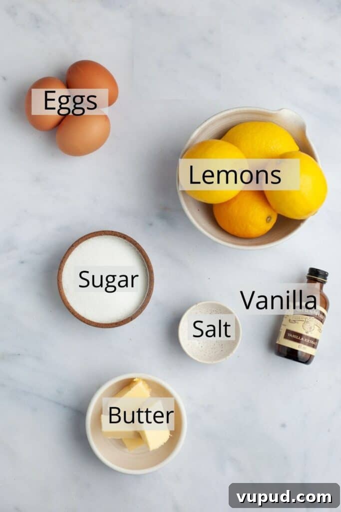 Zesty Lemon Curd Thumbprint Cookies 3 all the ingredients needed for lemon curd weighed out in small bowls.