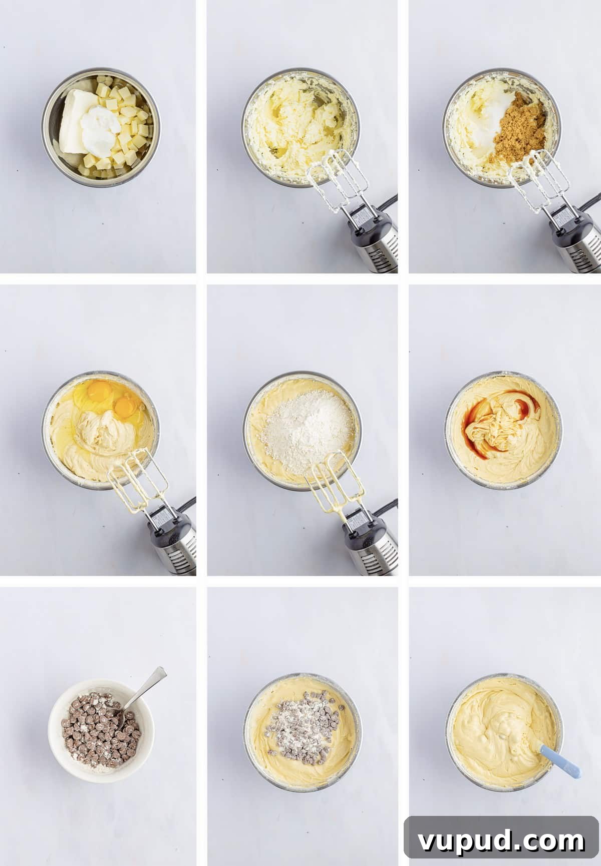 Chocolate Chip Bundt Cake with Cookie Dough Frosting Recipe 3 Overhead collage of images showing how to make the cake batter for chocolate chip bundt cake on white table top