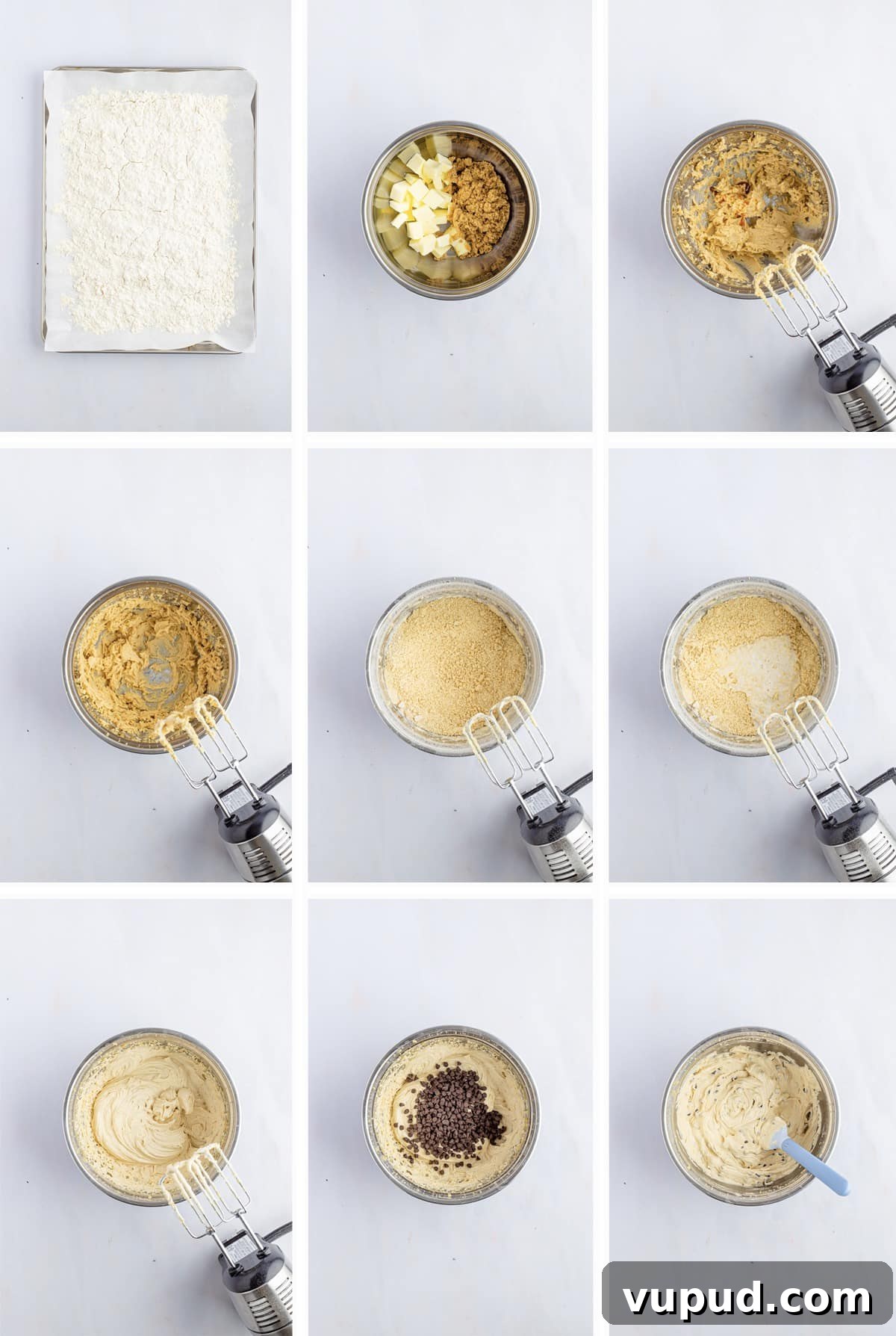Chocolate Chip Bundt Cake with Cookie Dough Frosting Recipe 4 Overhead collage of images showing how to make the frosting for chocolate chip bundt cake