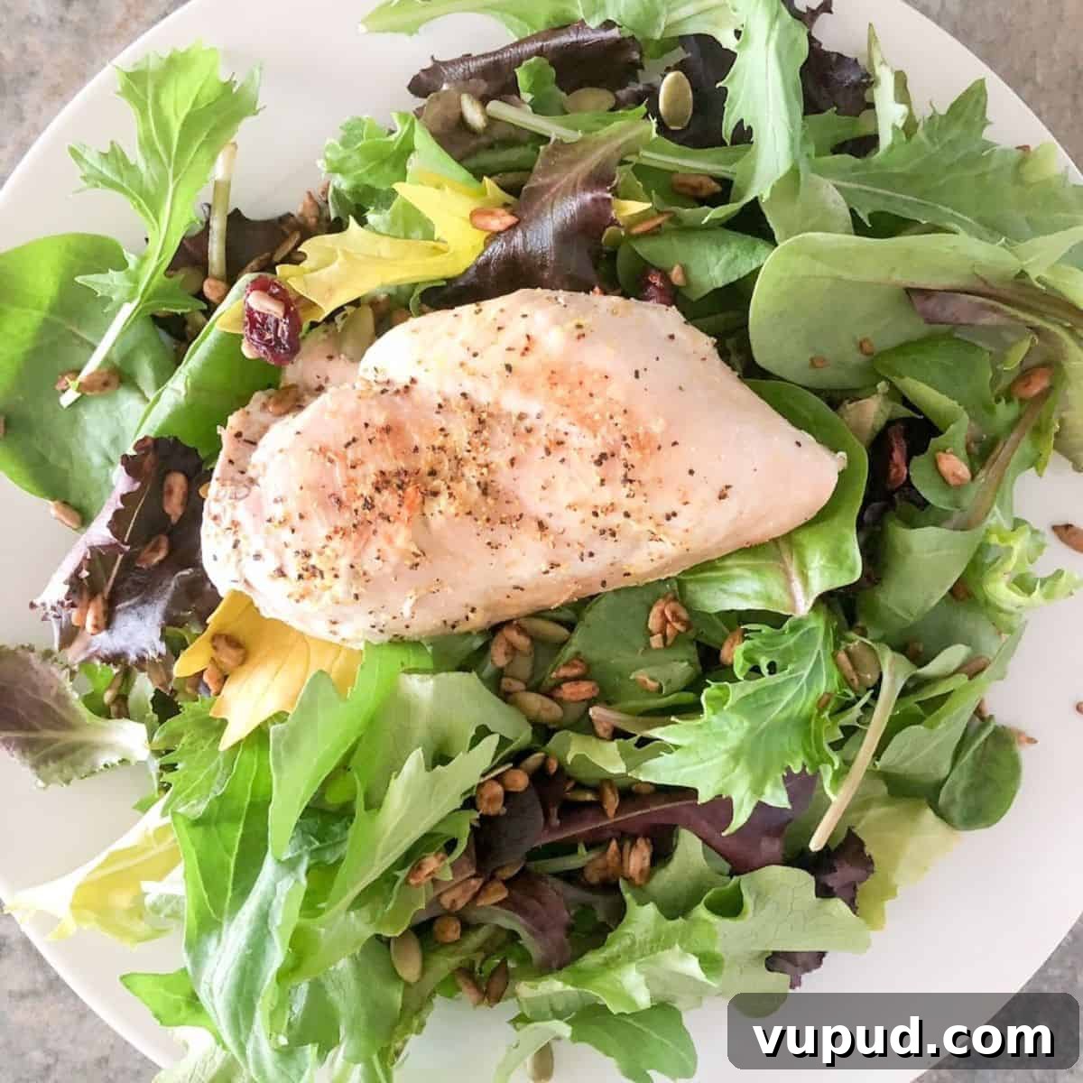Instant pot chicken breast lightly seasoned and placed on a bed of lettuce.