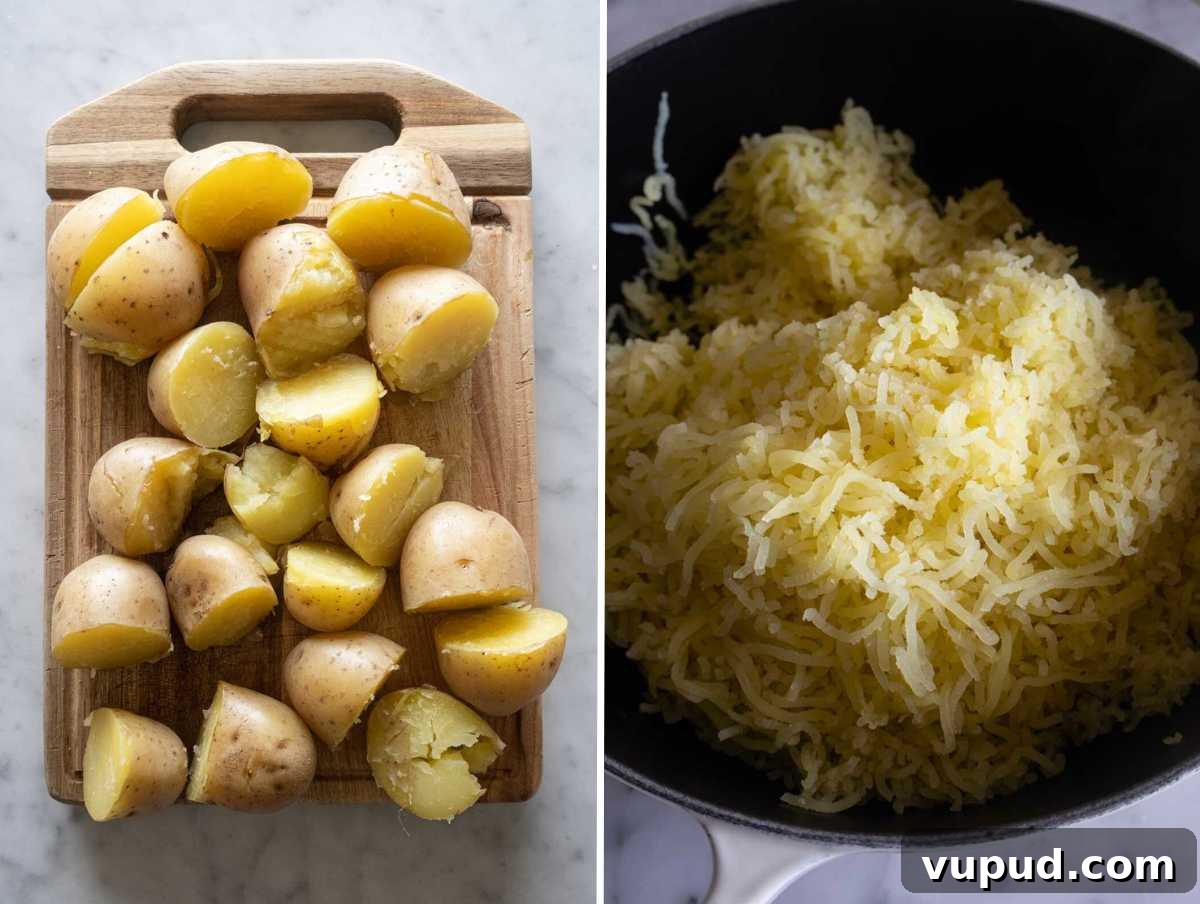 Creamy Garlic Mashed Potatoes Recipe 6 Boiled potatoes mashed into a potato ricer.