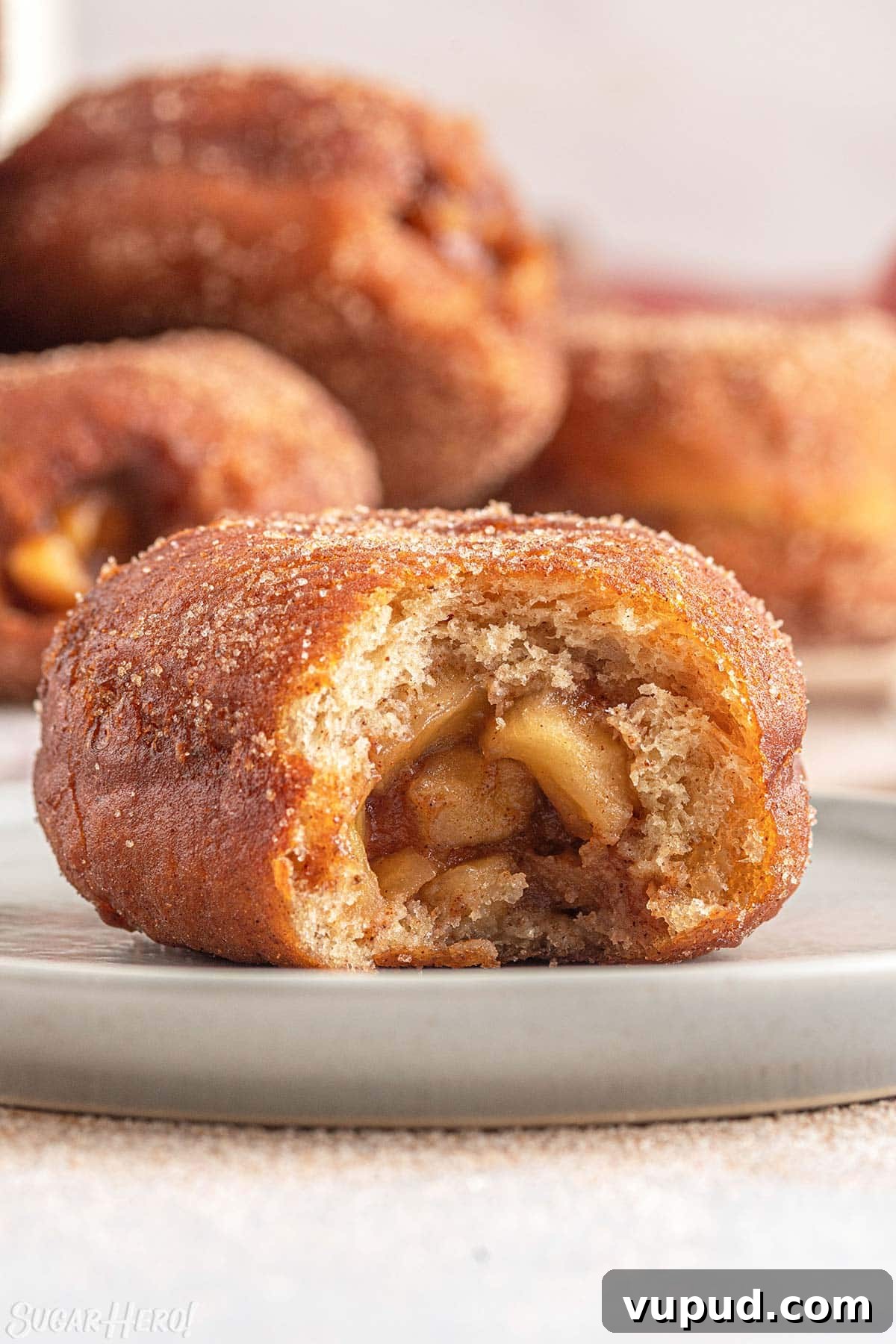 Caramel Apple Donut Recipe: Homemade Baked Apple Donuts with Streusel 9 Close-up of Apple Donut on a gray plate with a bite taken out of it.