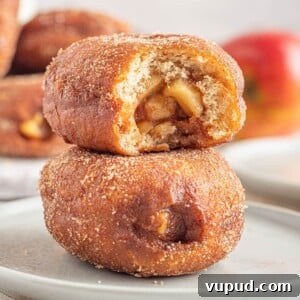 Caramel Apple Donut Recipe: Homemade Baked Apple Donuts with Streusel 12 Two Apple Donuts stacked on top of each other, with a bite taken out of the top donut.
