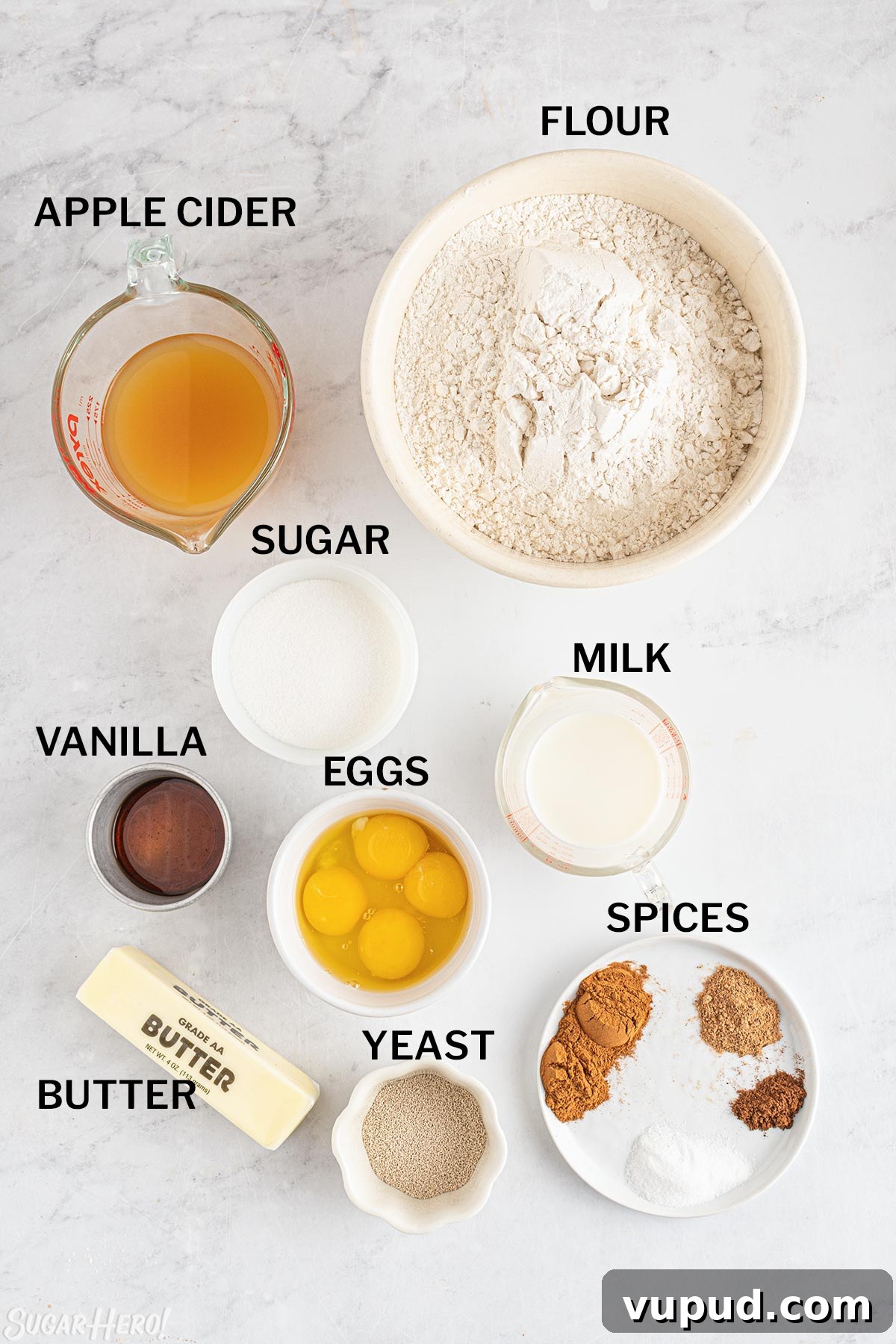 Caramel Apple Donut Recipe: Homemade Baked Apple Donuts with Streusel 4 Overhead shot of ingredients needed to make dough for Apple Donuts.