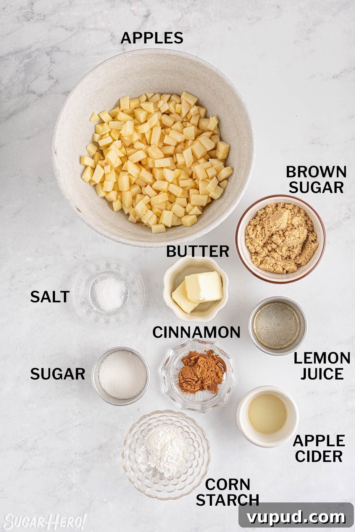Caramel Apple Donut Recipe: Homemade Baked Apple Donuts with Streusel 5 Overhead shot of ingredients needed to make apple cinnamon donut filling.
