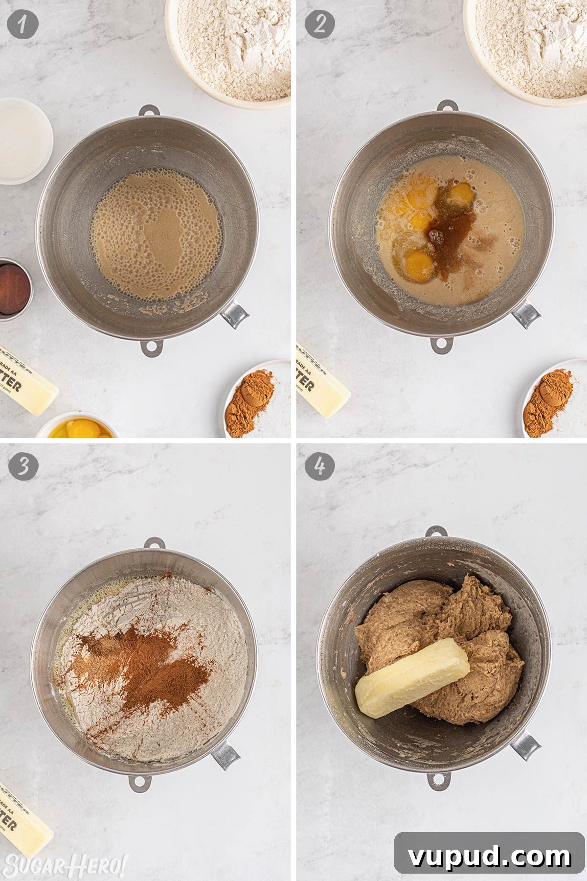 Caramel Apple Donut Recipe: Homemade Baked Apple Donuts with Streusel 7 Four photo collage showing how to make homemade donut dough for Apple-Filled Donuts.