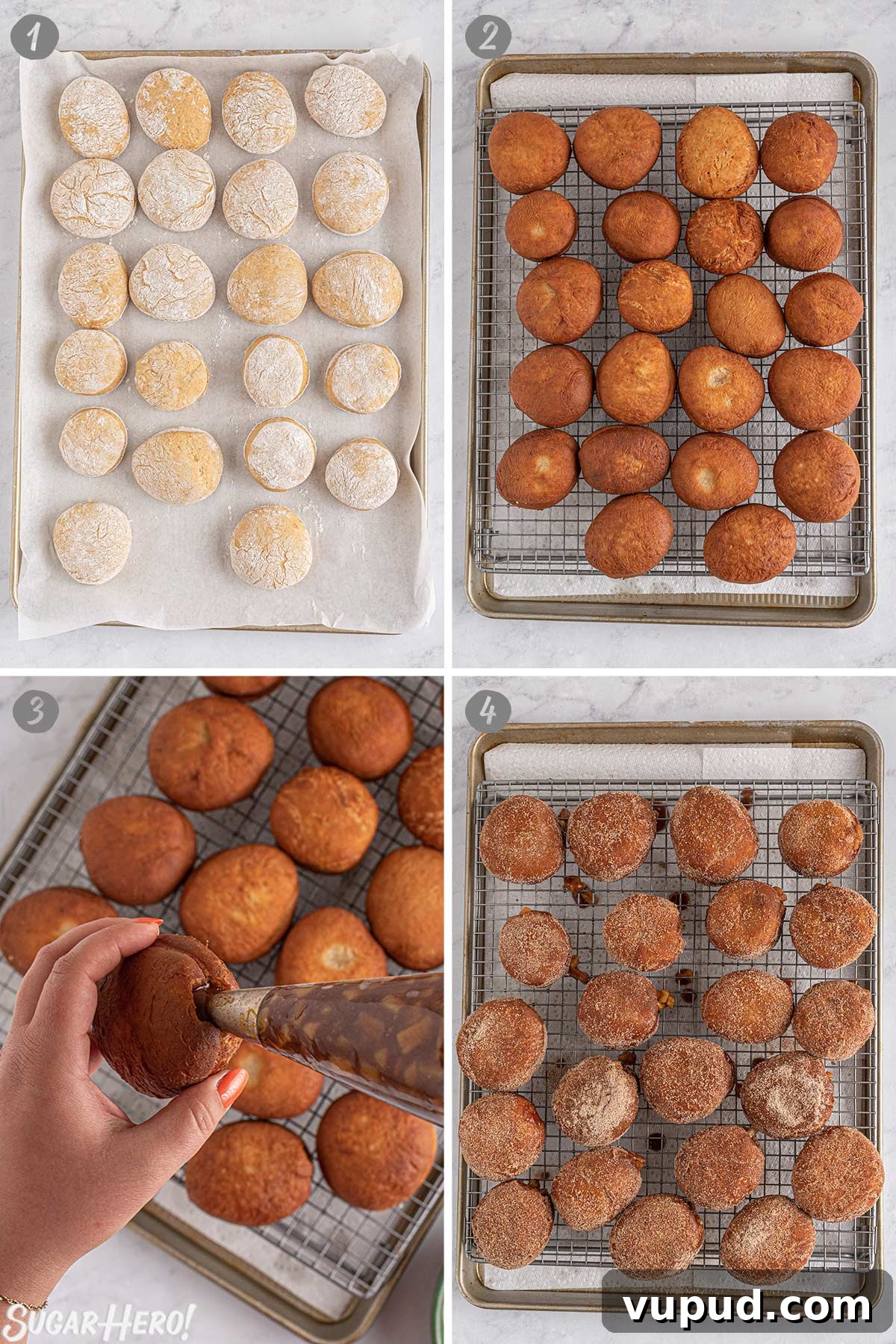 Caramel Apple Donut Recipe: Homemade Baked Apple Donuts with Streusel 8 Four photo collage showing how to fry, stuff, and finish Apple-Filled Donuts.