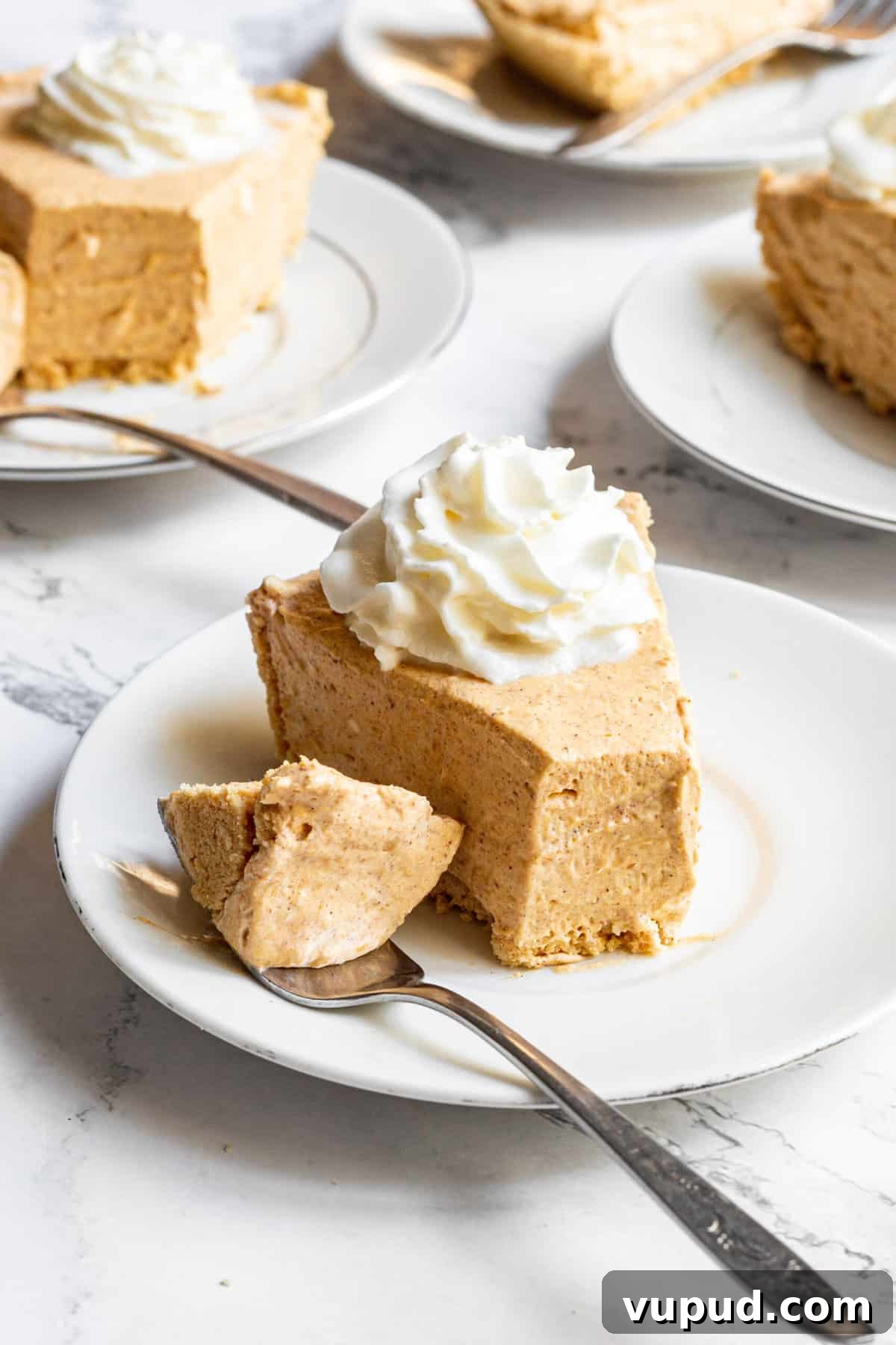 No-Bake Pumpkin Cheesecake with Gingersnap Crust 11 cross section of no bake pumpkin cheesecake served on a white round plate