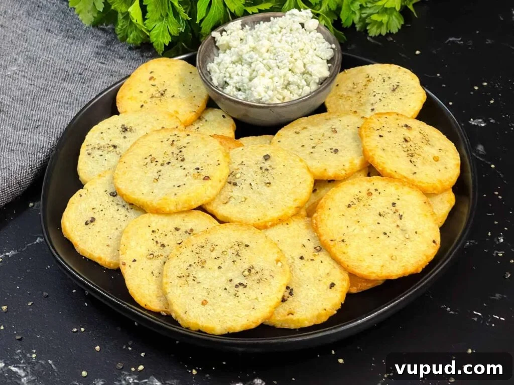 Crispy Blue Cheese Crackers: Homemade Savory Wafers Recipe 2 Blue cheese wafers stacked on a dark plate with a ramekin of crumbled blue cheese.