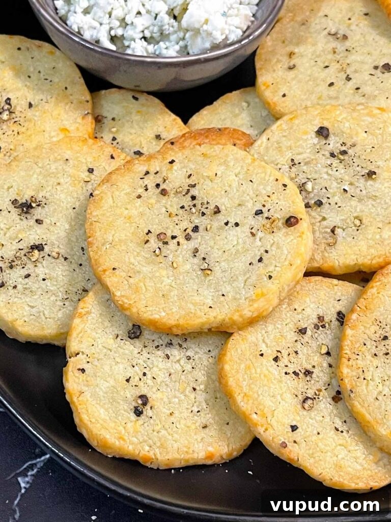 Crispy Blue Cheese Crackers: Homemade Savory Wafers Recipe 11 Blue cheese wafers stacked on a dark plate.
