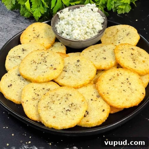 Crispy Blue Cheese Crackers: Homemade Savory Wafers Recipe 12 Blue cheese wafers stacked on a dark plate with a ramekin of crumbled blue cheese.