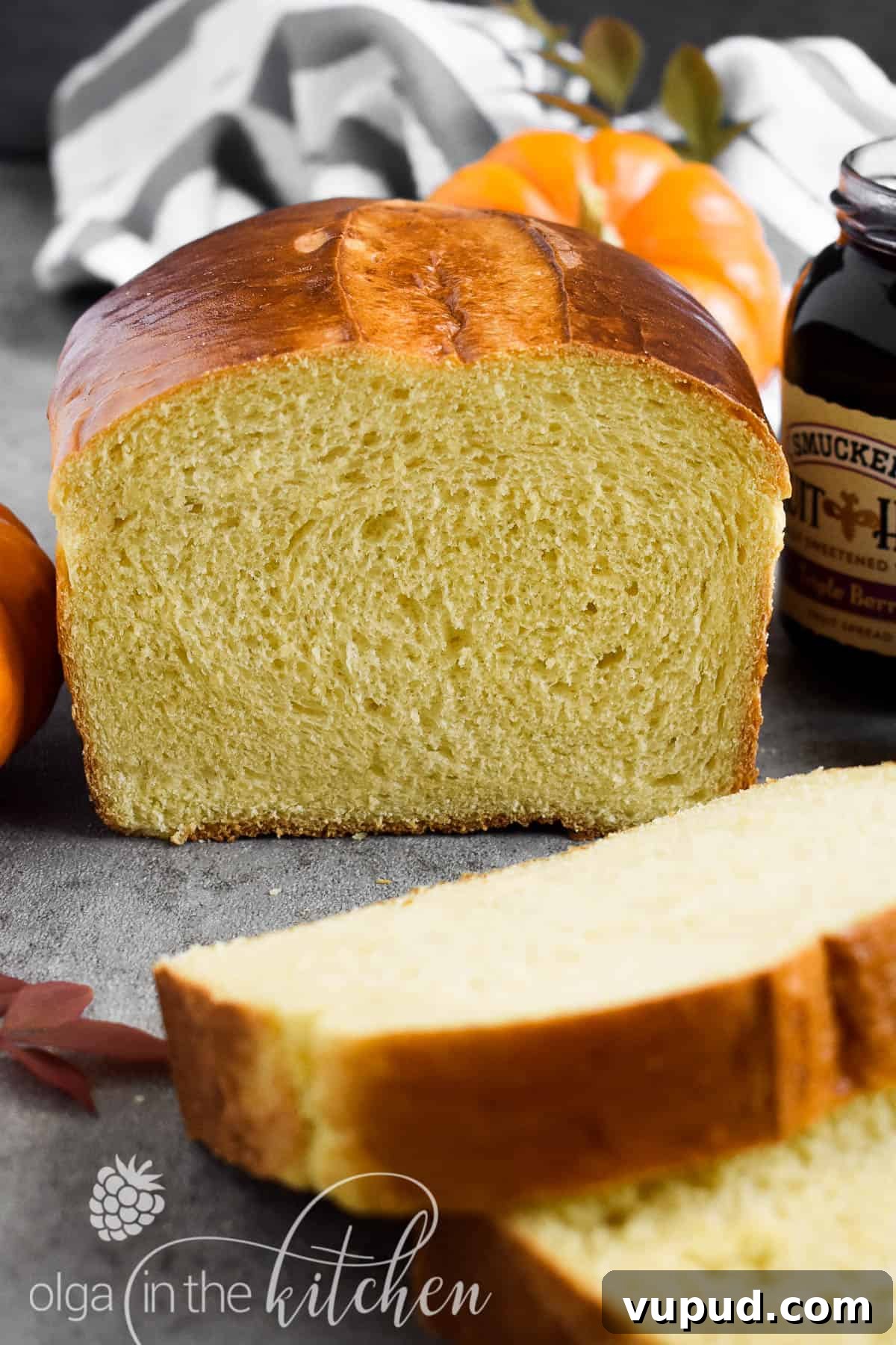 Ukrainian Pumpkin Bread is delicious any time of the year! It has a mild pumpkin flavor from homemade pumpkin puree, a yellow-ish fluffy and tender texture and a shiny dark-brown crust. homemade pumpkin bread using homemade pumpkin puree