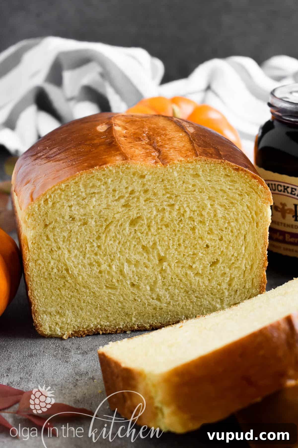 Ukrainian Pumpkin Bread is delicious any time of the year! It has a mild pumpkin flavor from homemade pumpkin puree, a yellow-ish fluffy and tender texture and a shiny dark-brown crust. homemade pumpkin bread recipe