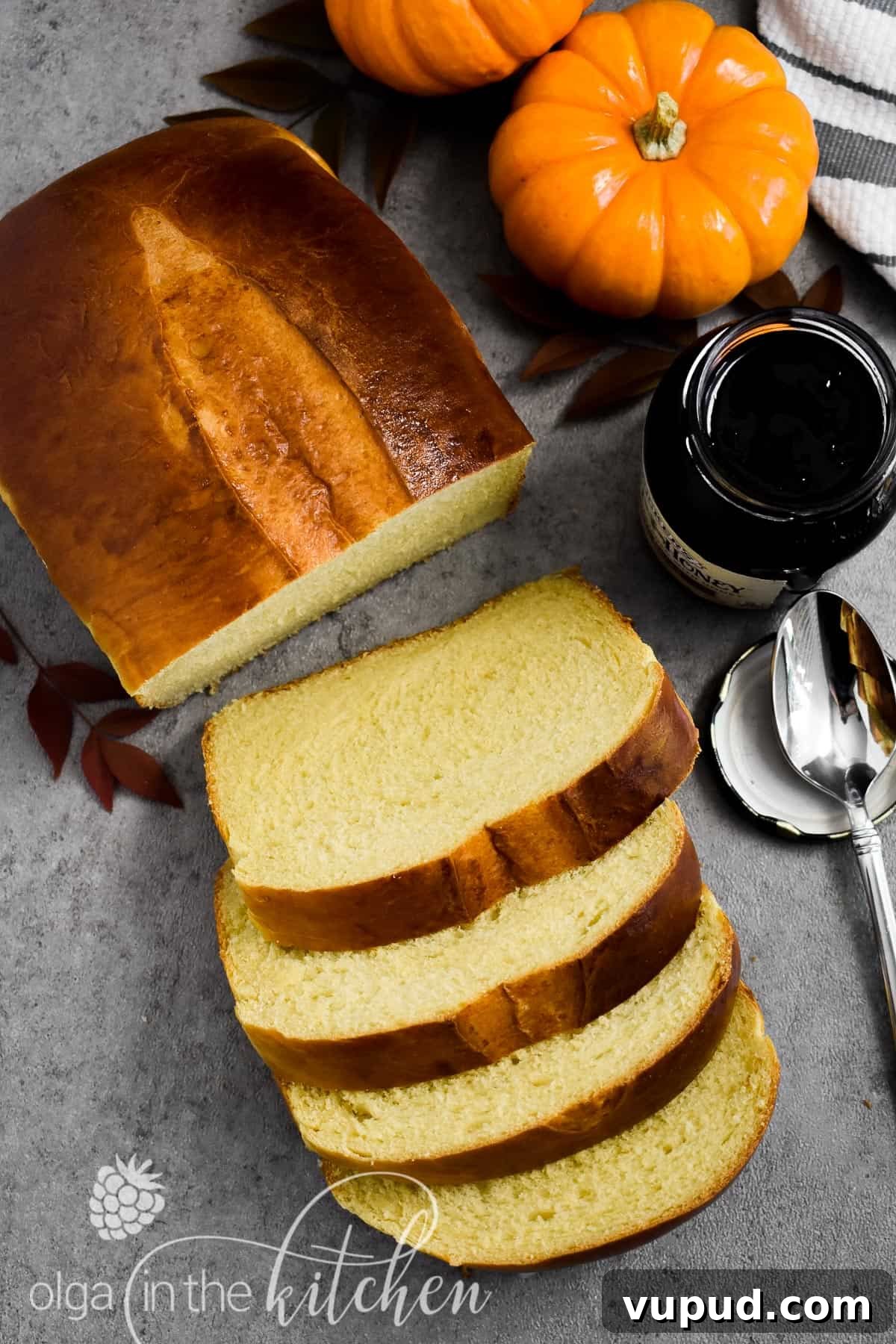 Ukrainian Pumpkin Bread is delicious any time of the year! It has a mild pumpkin flavor from homemade pumpkin puree, a yellow-ish fluffy and tender texture and a shiny dark-brown crust. pumpkin bread using homemade pumpkin puree