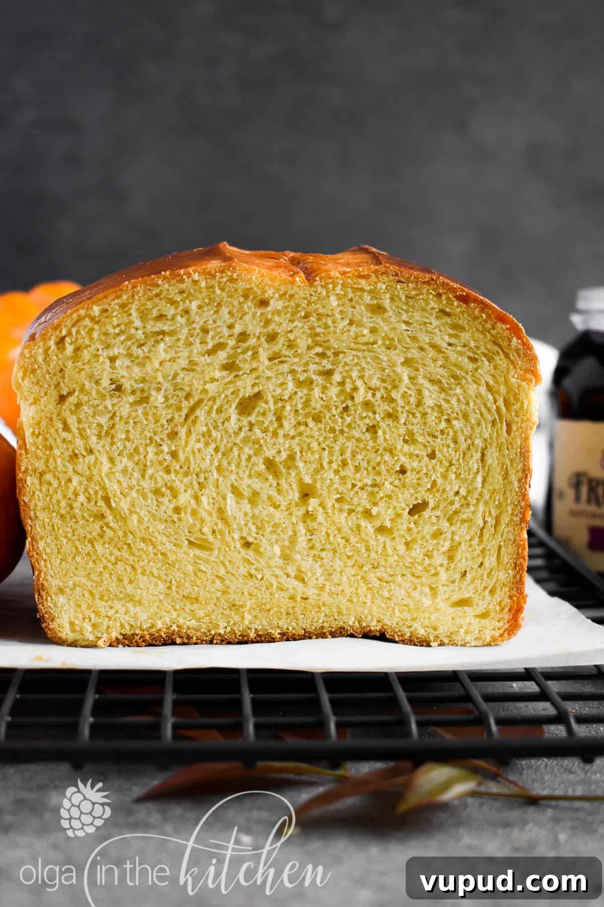 Ukrainian Pumpkin Bread is delicious any time of the year! It has a mild pumpkin flavor from homemade pumpkin puree, a yellow-ish fluffy and tender texture and a shiny dark-brown crust. moms pumpkin bread