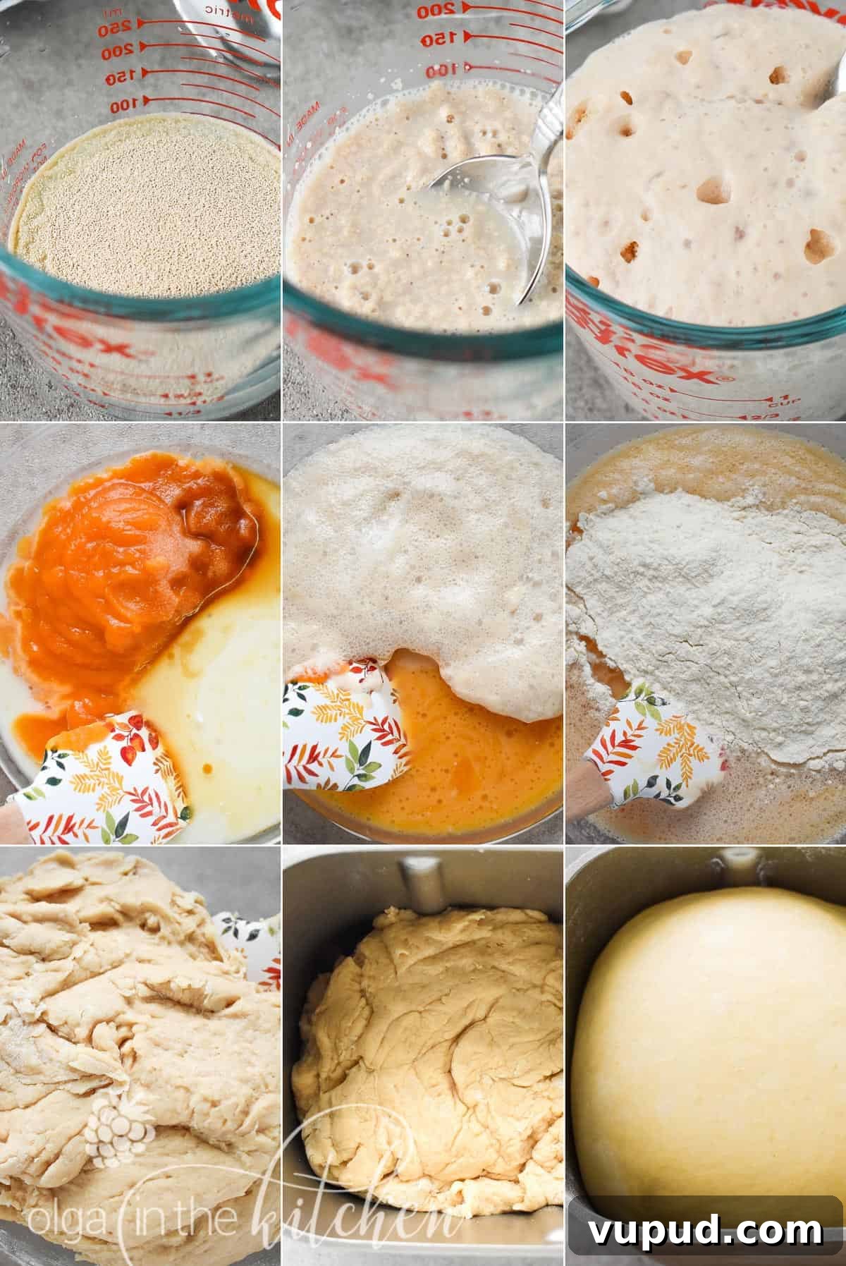 Ukrainian Pumpkin Bread is delicious any time of the year! It has a mild pumpkin flavor from homemade pumpkin puree, a yellow-ish fluffy and tender texture and a shiny dark-brown crust. dough for homemade pumpkin bread