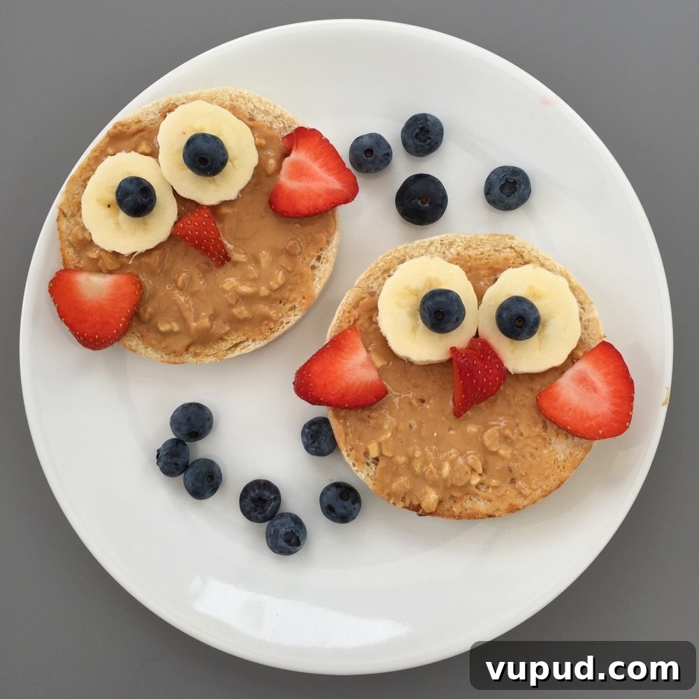 Avocado Green Eggs on Toast: Creamy Brunch Recipe 6 white plate with toasted muffins topped with sliced bananas, strawberries and blueberries to create an owl face