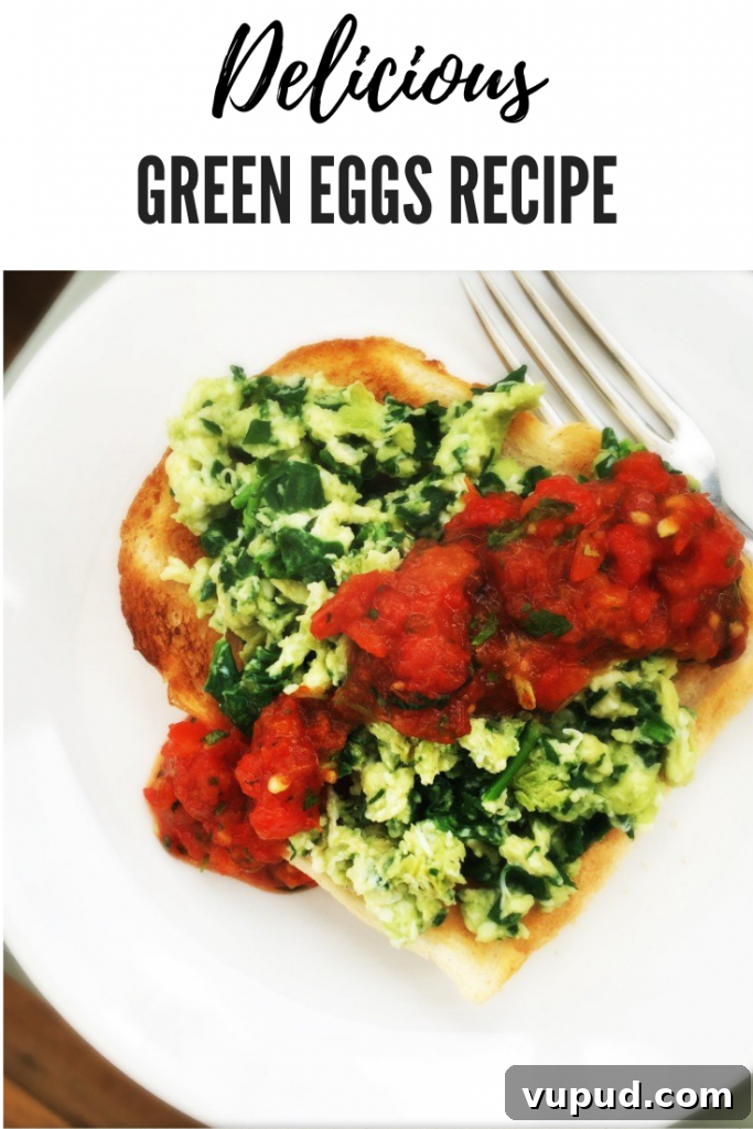 Avocado Green Eggs on Toast: Creamy Brunch Recipe 9 Green eggs - scrambled eggs with spinach served on white toast and topped with roast tomato Mexican salsa. Text overlay reads "Delicious green eggs recipe"