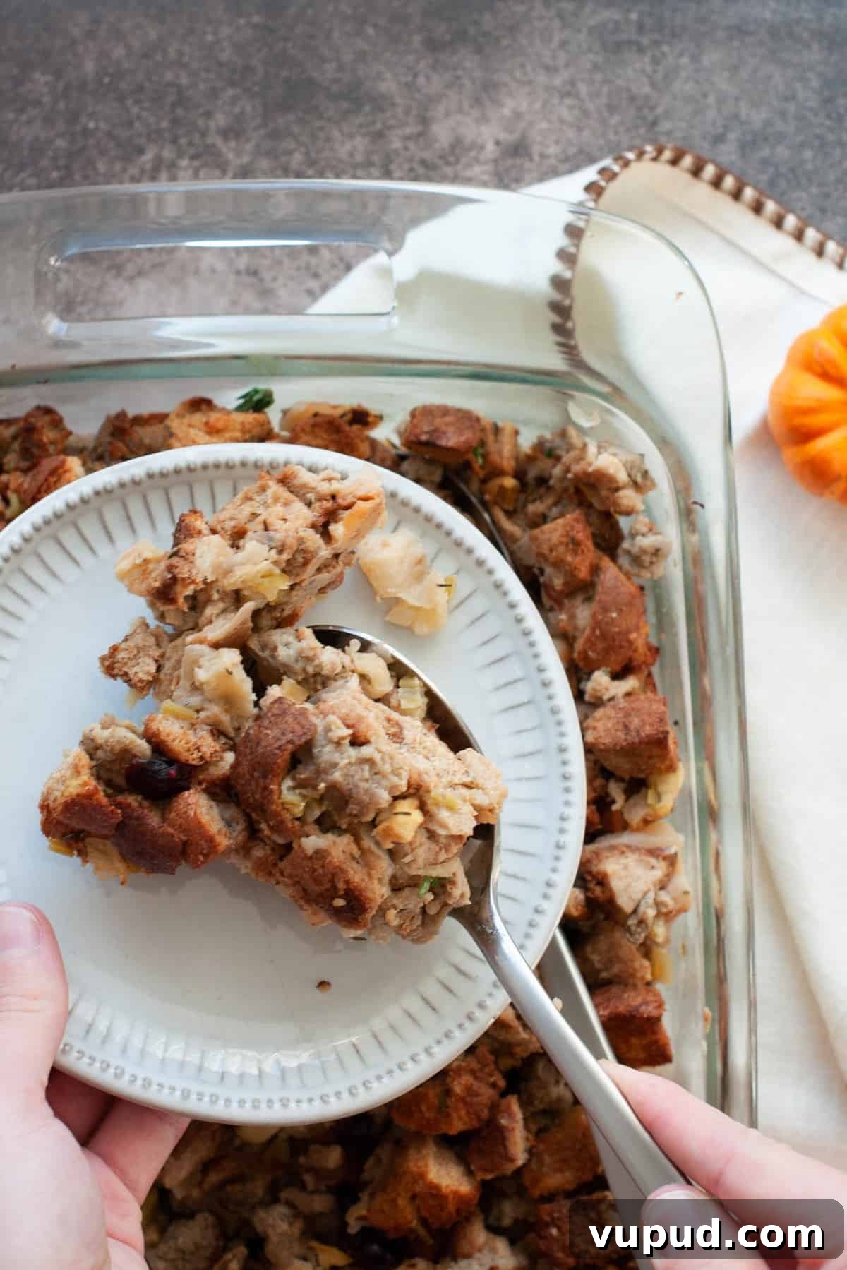 Apple and Sausage Stuffing with Cranberries and Herbs 3 chicken apple sausage stuffing on plate