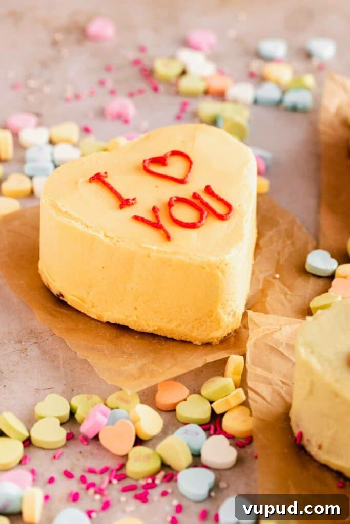 Red Velvet Mini Conversation Heart Cakes — Romantic Valentine Treats 3 yellow mini heart cake with "I heart you"