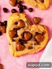 heart shaped chocolate chip cookie on counter with chocolate hearts