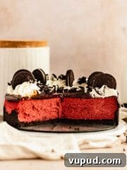 Cut open red velvet oreo cheesecake