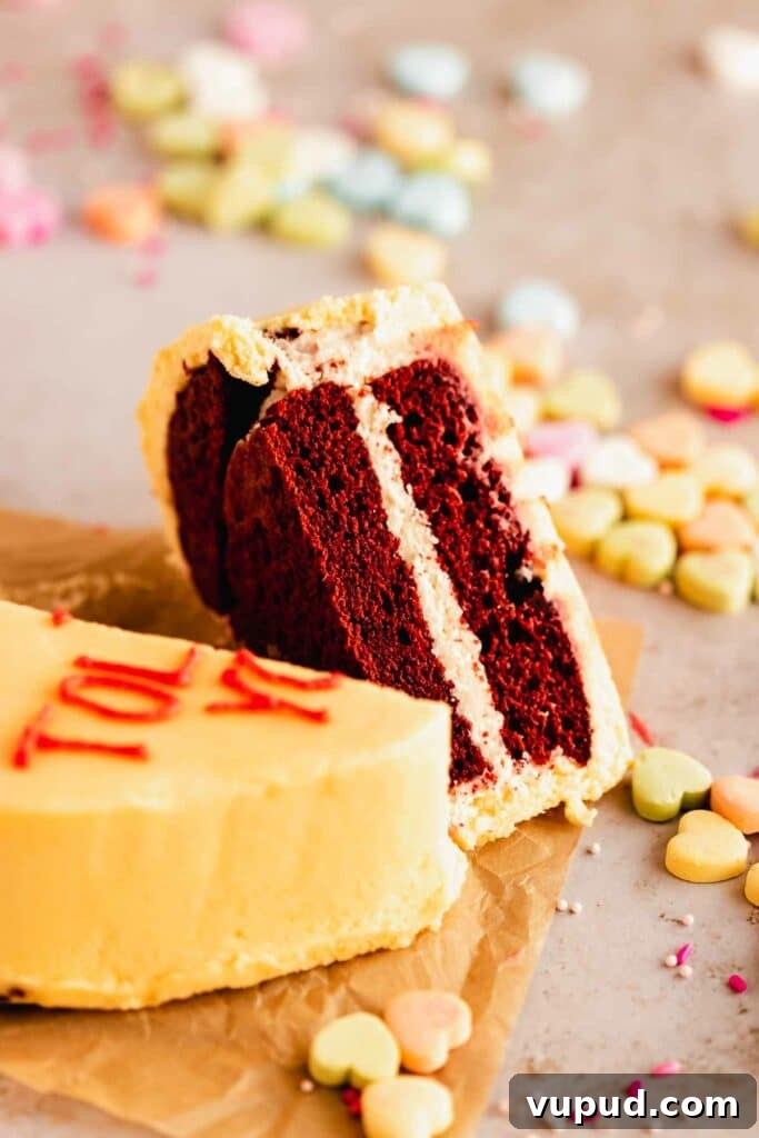 Red Velvet Mini Conversation Heart Cakes — Romantic Valentine Treats 5 cut in half heart cake with red velvet