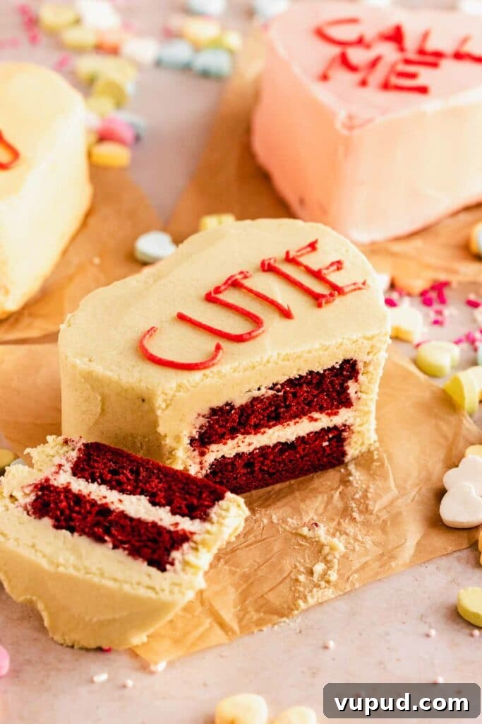 Red Velvet Mini Conversation Heart Cakes — Romantic Valentine Treats 6 sliced open conversation heart cake with cutie written on it