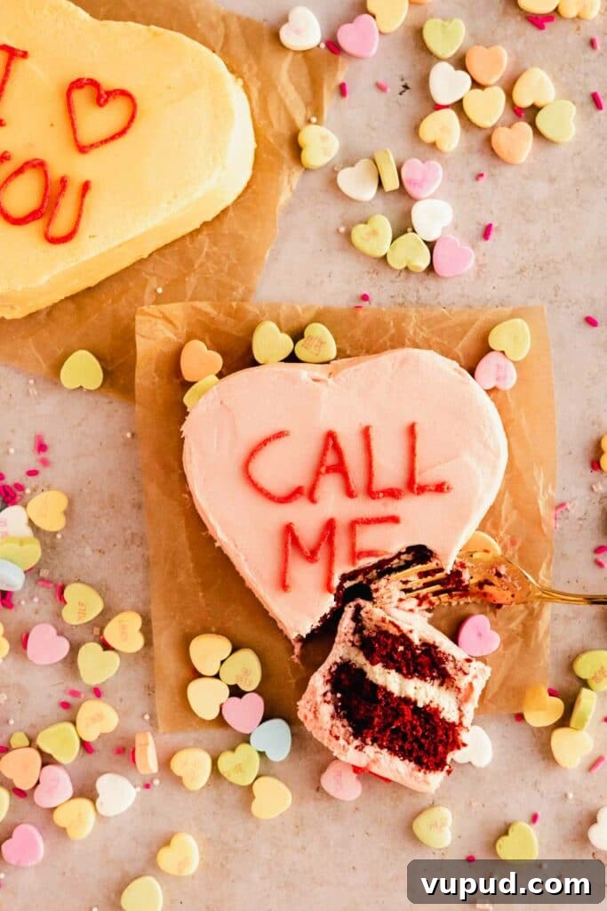 Red Velvet Mini Conversation Heart Cakes — Romantic Valentine Treats 7 conversation heart cake with bite taken out