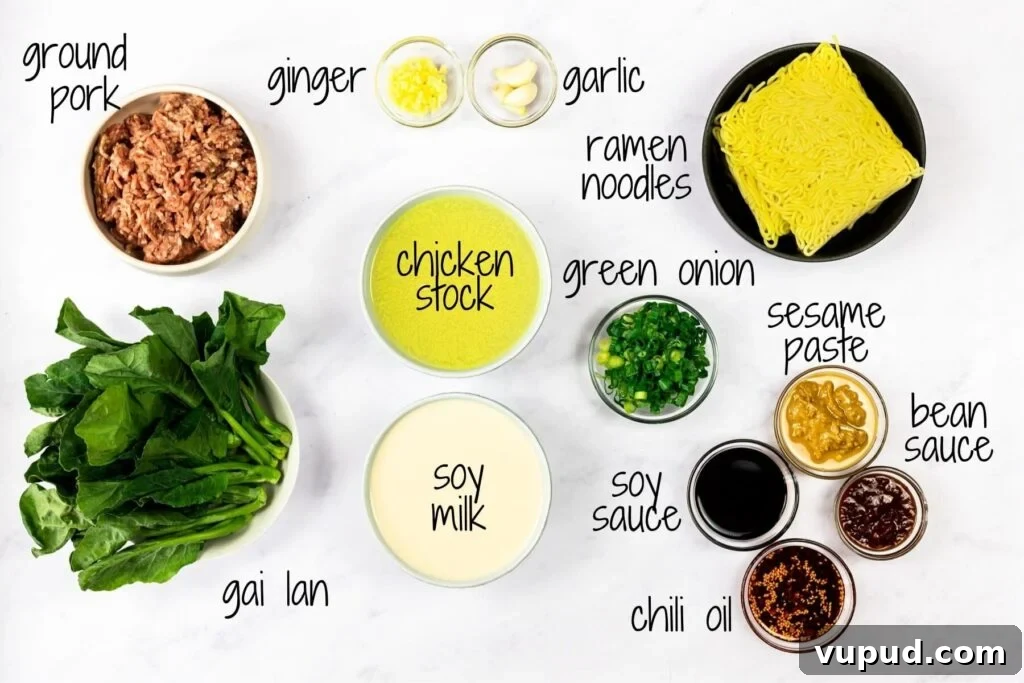 Spicy Sesame Tantanmen Ramen Recipe for Authentic Flavor 3 ingredients for tantanmen ramen with text labels.